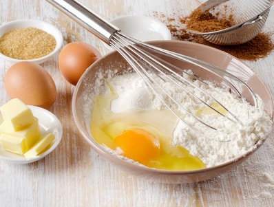 baking ingredients on wooden table . Selective focus